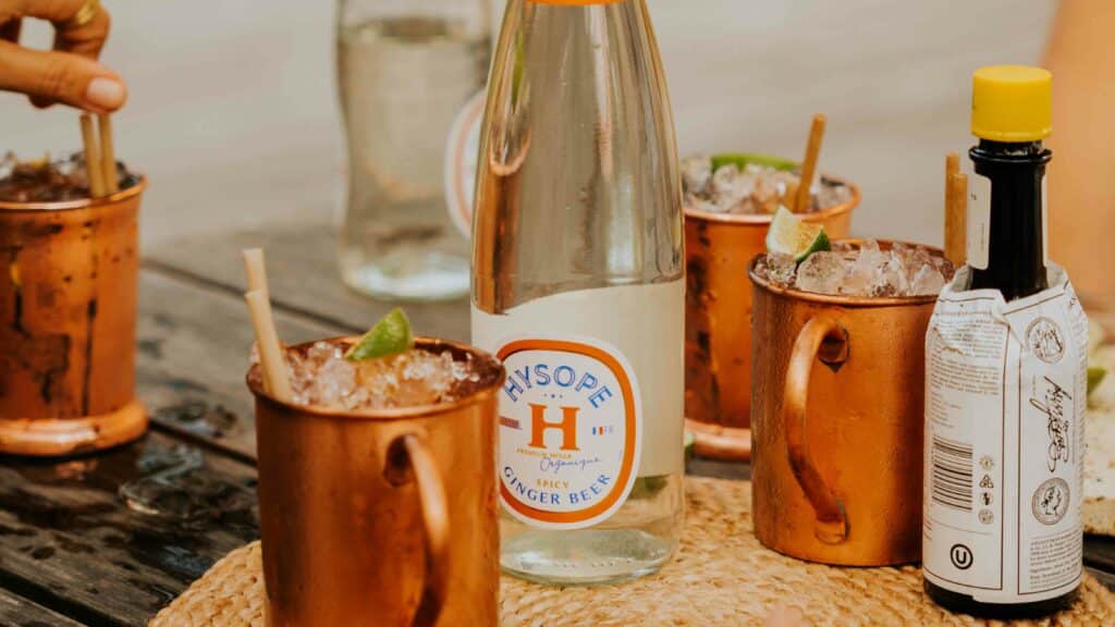 Ginger Beer Spicy Hysope autour de verres de Moscow Mule