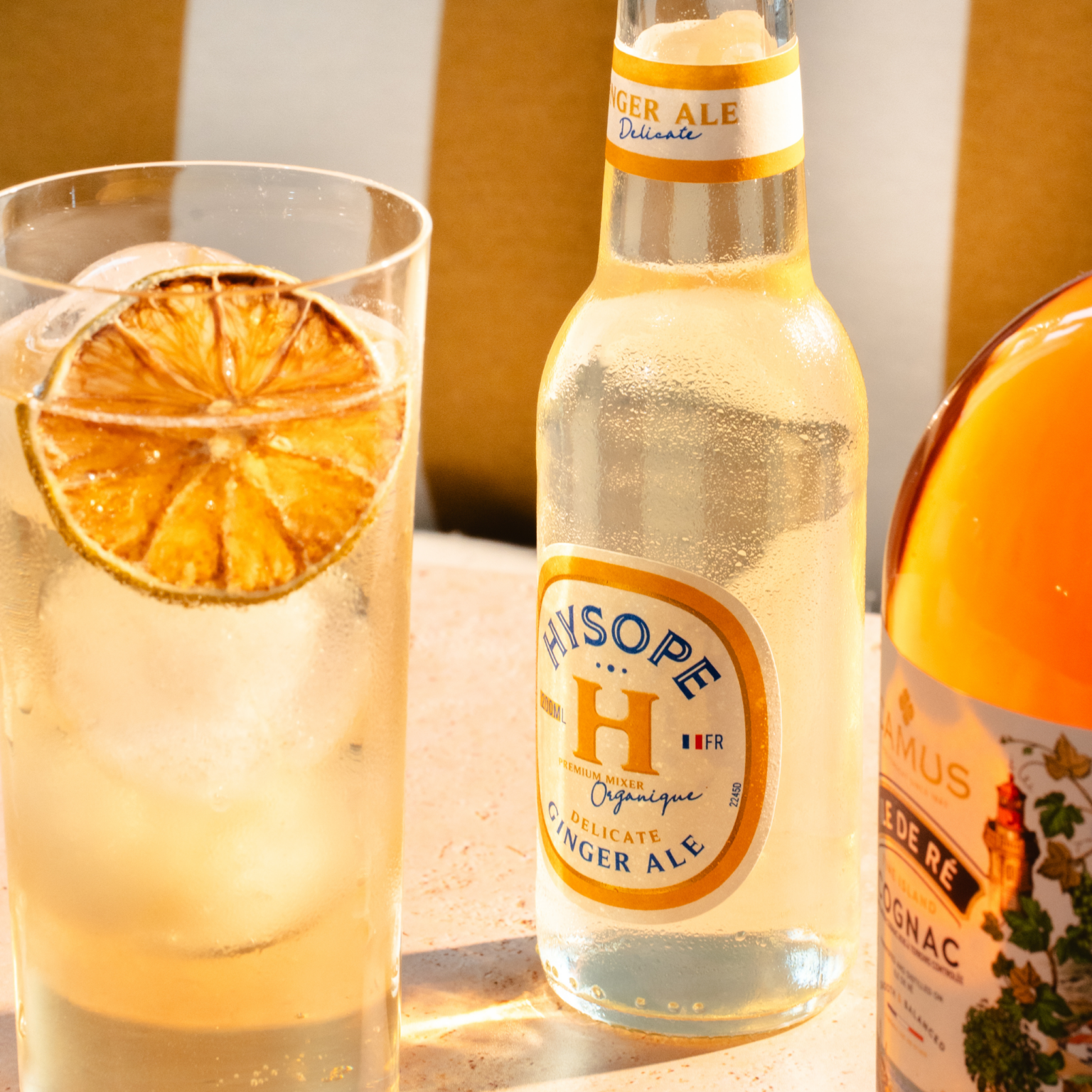 Cocktail Horse's Neck dans un highball avec la Ginger Ale délicate Hysope et le cognac Camus Île de Ré